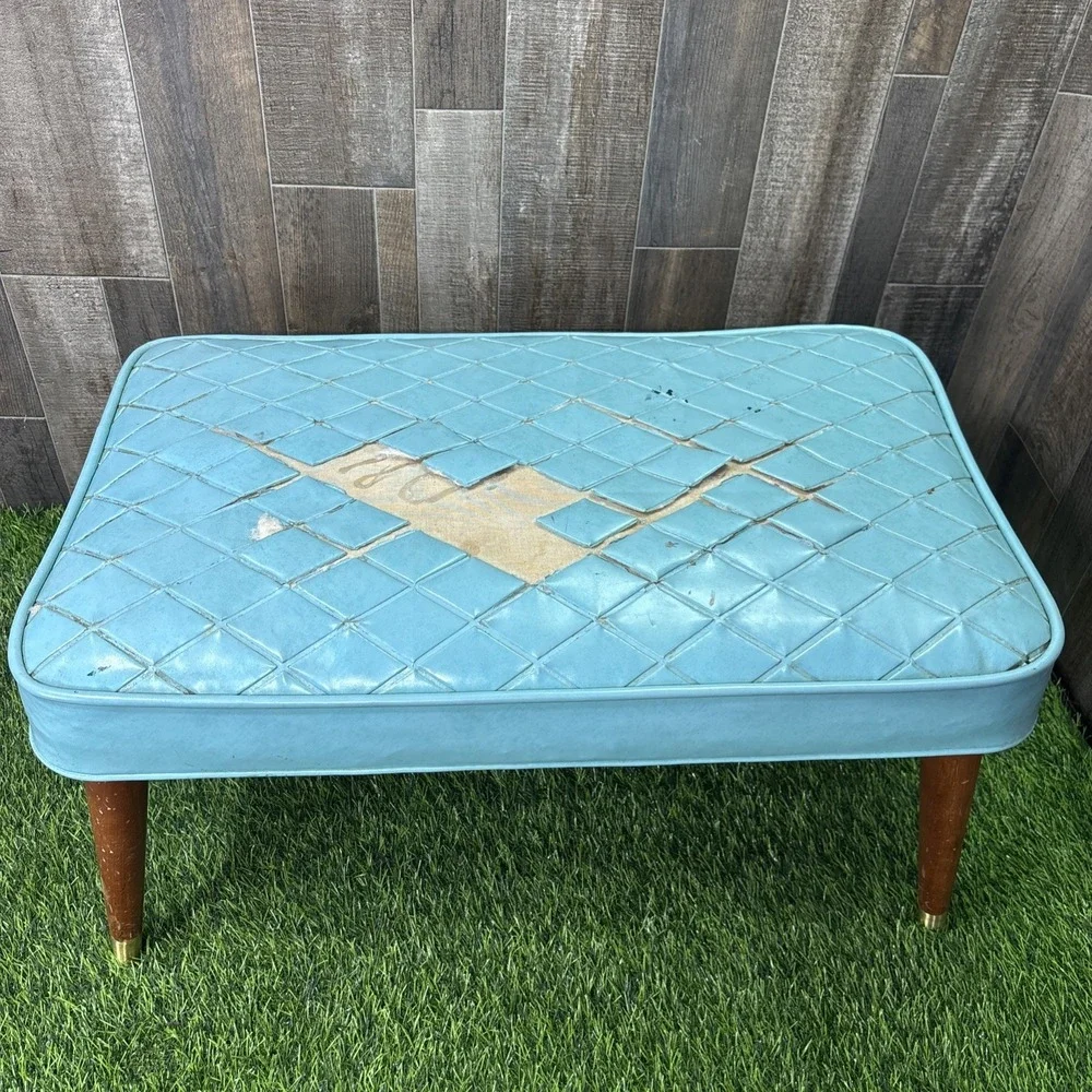 Vintage MCM Vinyl Bench Ottoman Blue Diamond Tufted Needs Repair